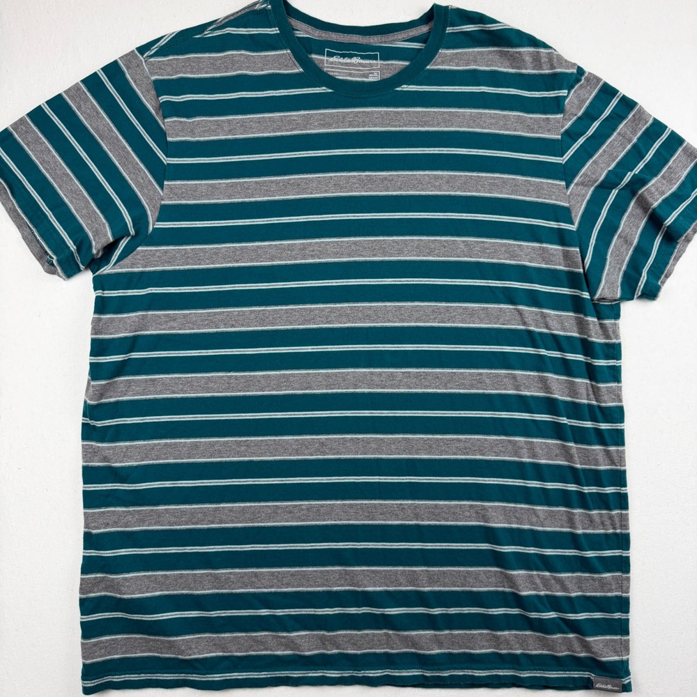Eddie Bauer Mens XL Legendwash Striped T-Shirt Teal Gray Short Sleeve Crew Neck